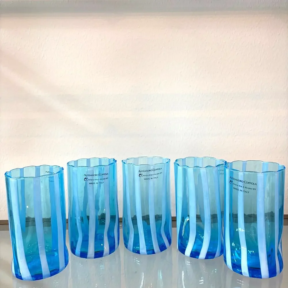 Alessandro Coppola Murano Italy Blue & White Art Glass Tumblers Set of 4 NEW